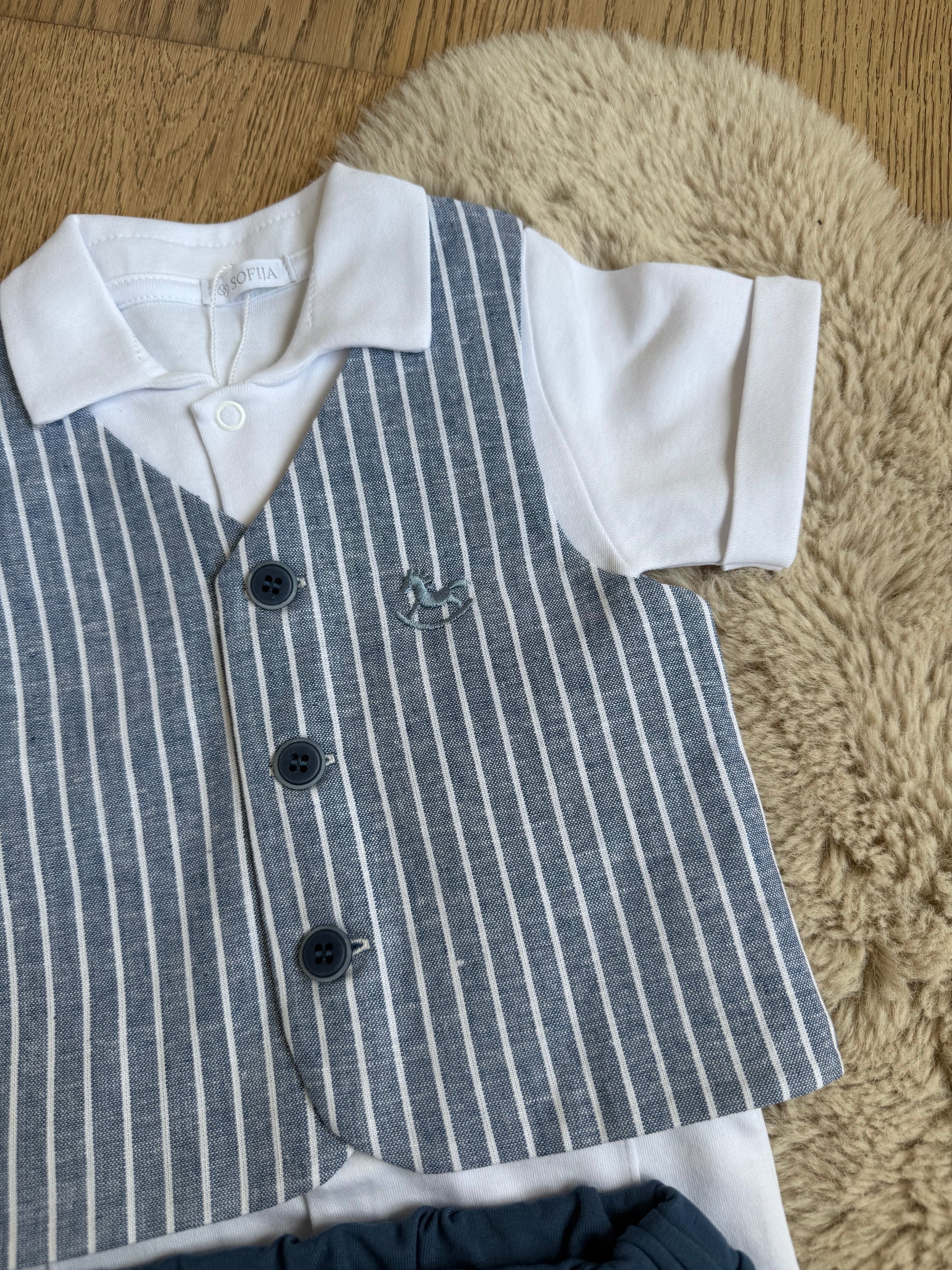 Detail van marineblauw babykostuum met hobbelpaard borduursel