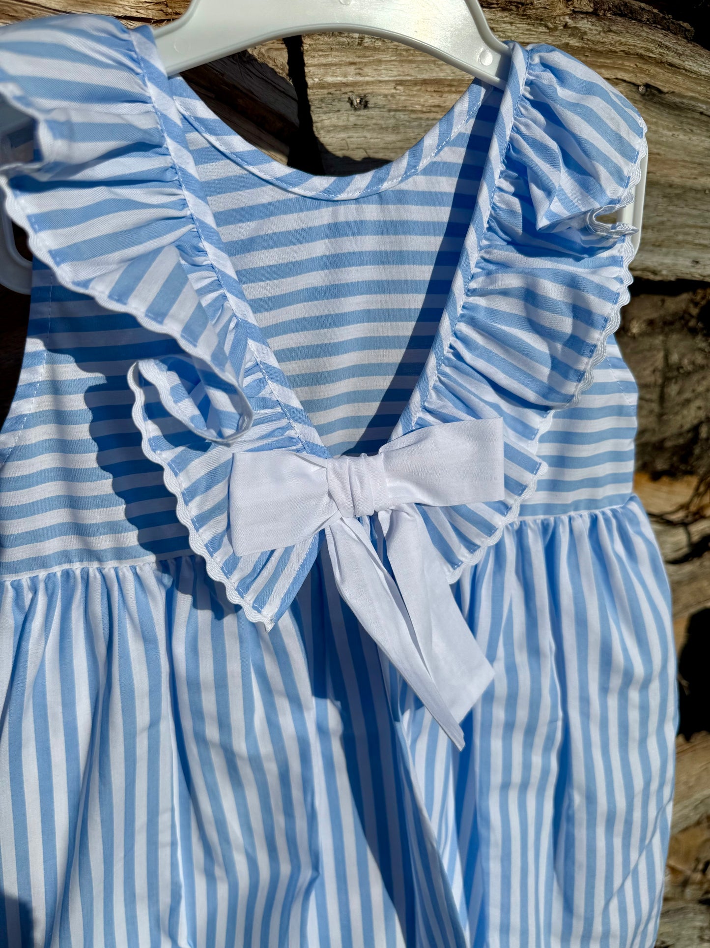 Anna - Blauw gestreept Kleedje met witte strik Baby Gi