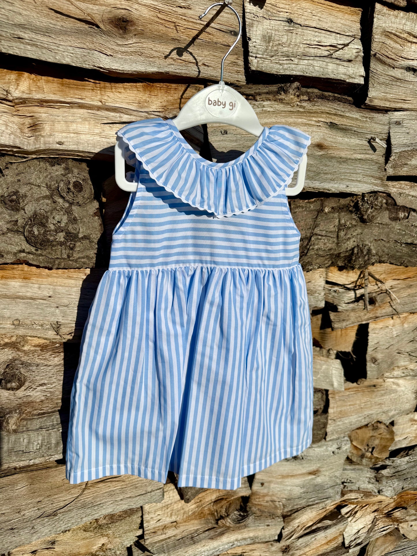 Anna - Blauw gestreept Kleedje met witte strik Baby Gi