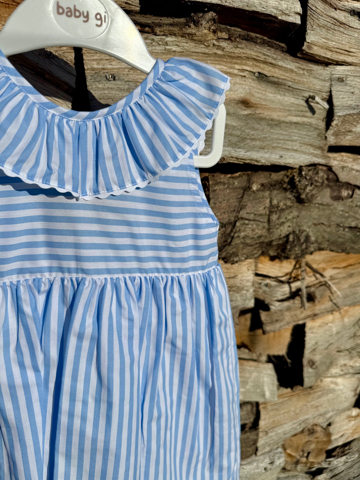 Anna - Blauw gestreept Kleedje met witte strik Baby Gi