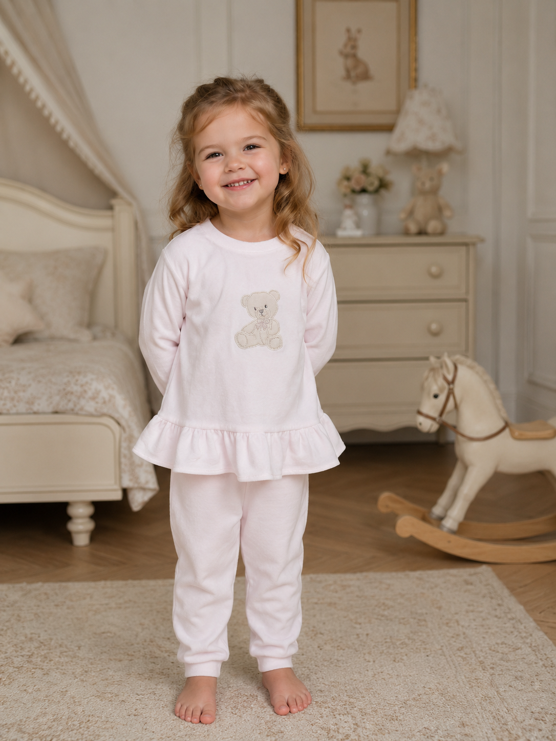 Roze velours pyjama / huispakje met beer - Baby Gi