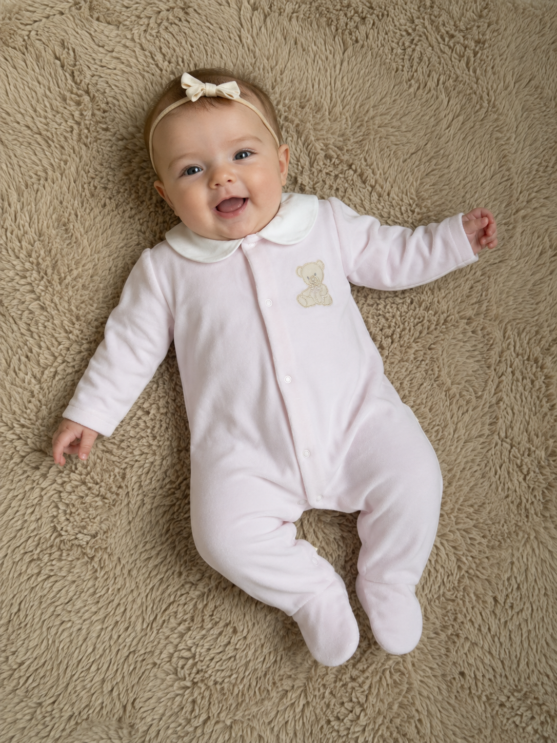 Roze baby velours boxpakje met kraagje en beertje – Baby Gi