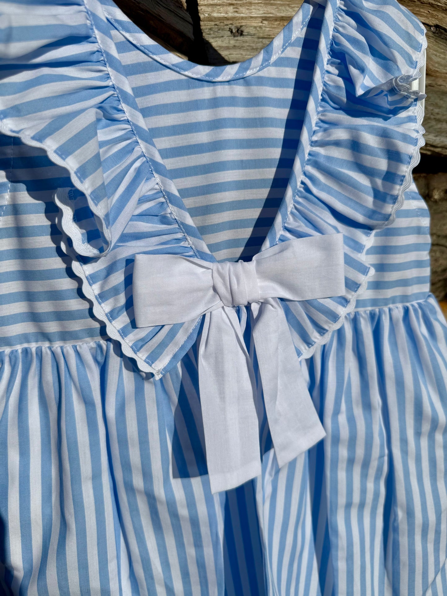 Anna - Blauw gestreept Kleedje met witte strik Baby Gi