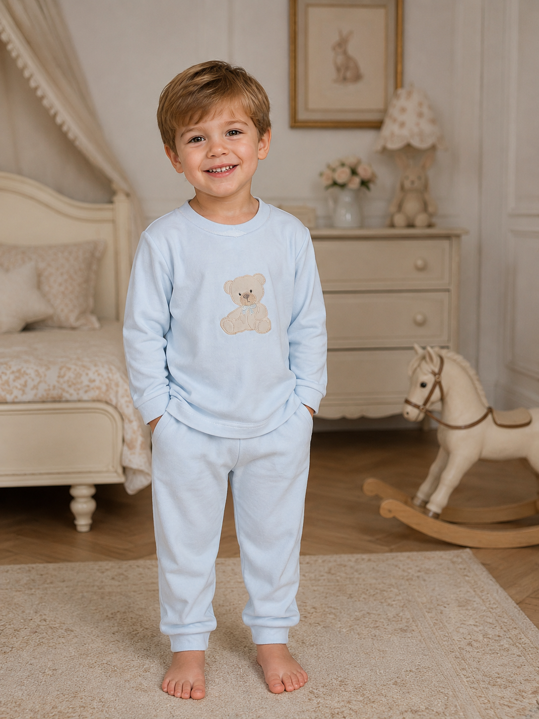 Blauw velours pyjama / huispakje met beer - Baby Gi