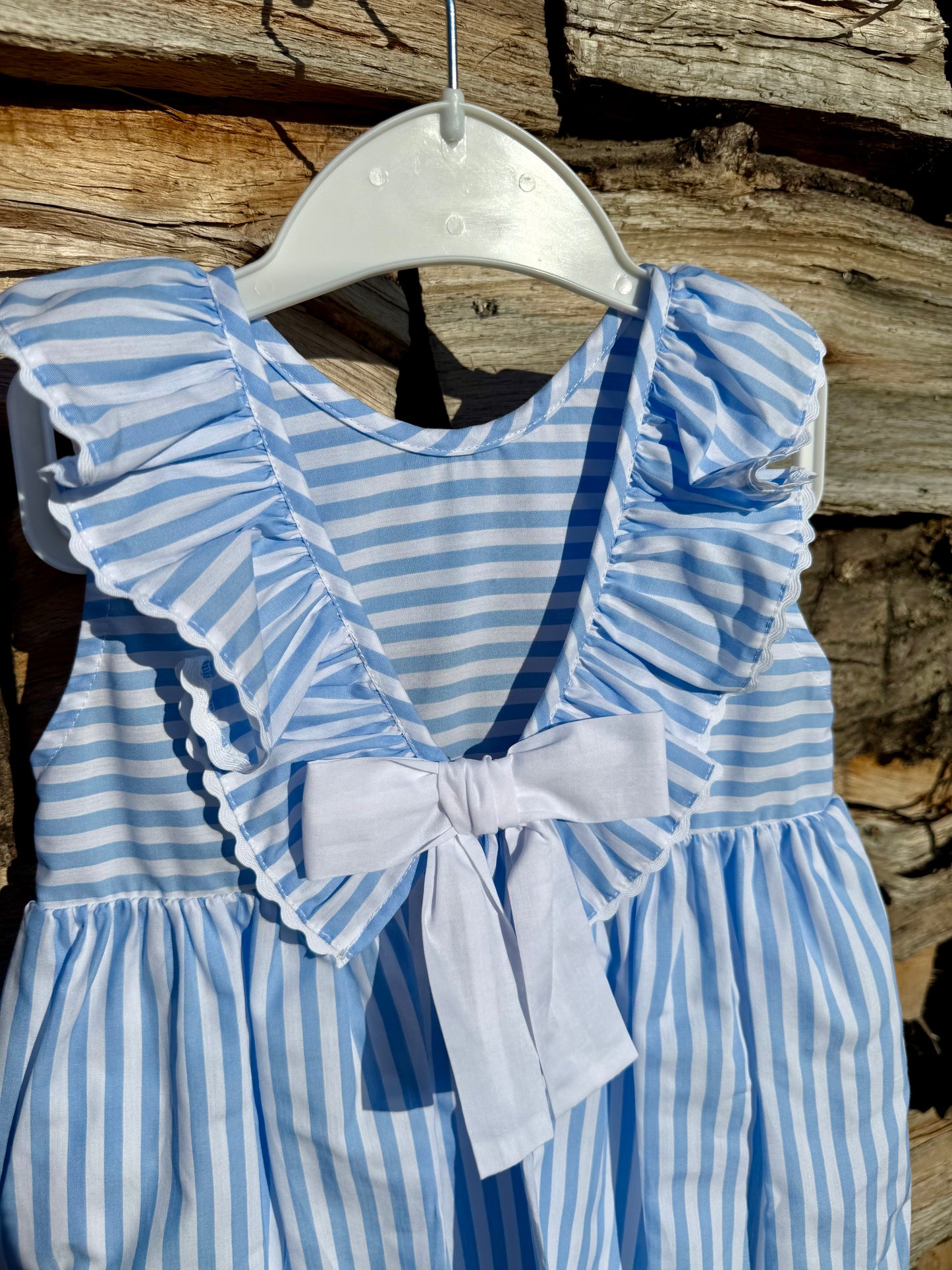 Anna - Blauw gestreept Kleedje met witte strik Baby Gi