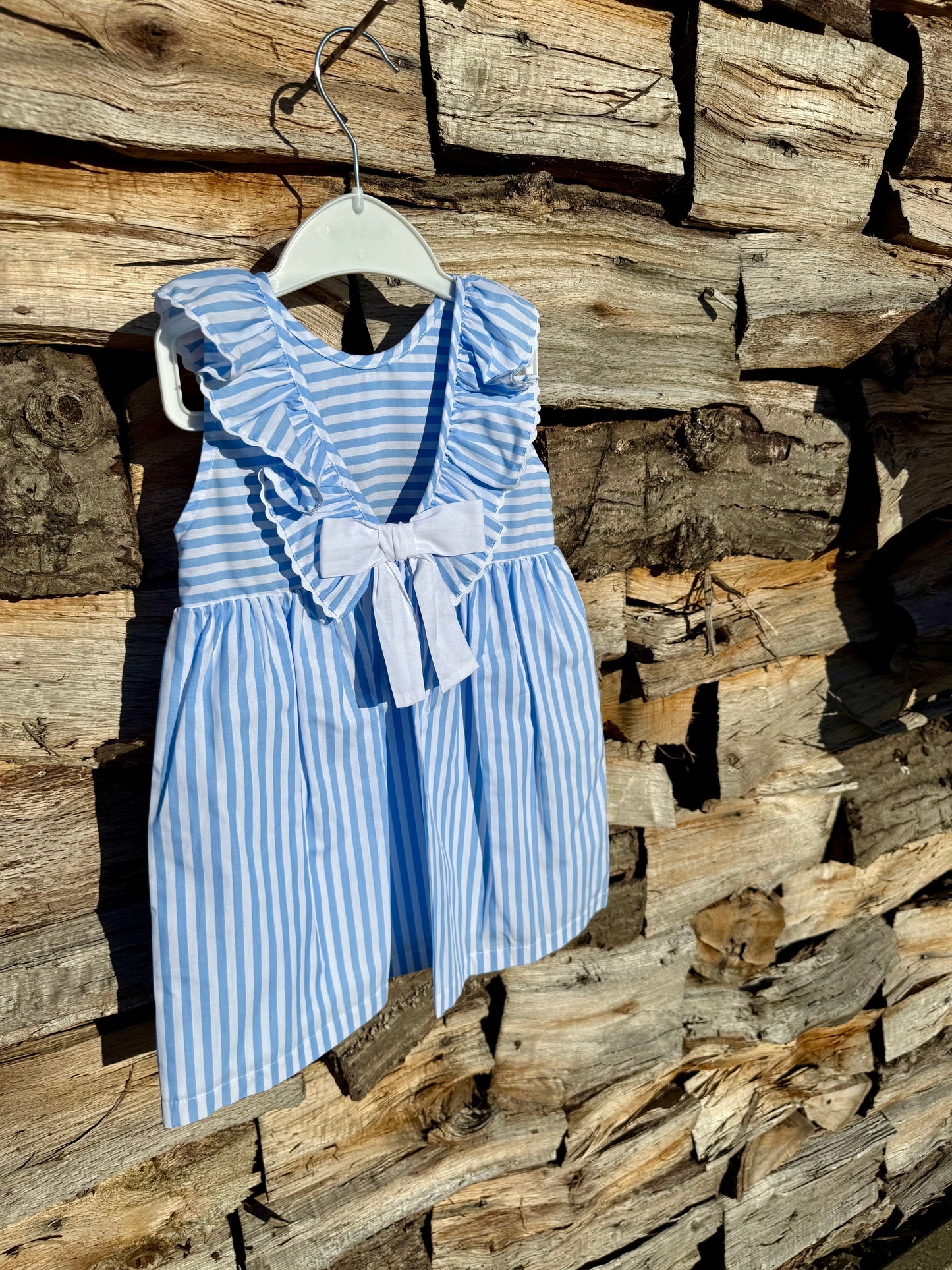 Anna - Blauw gestreept Kleedje met witte strik Baby Gi