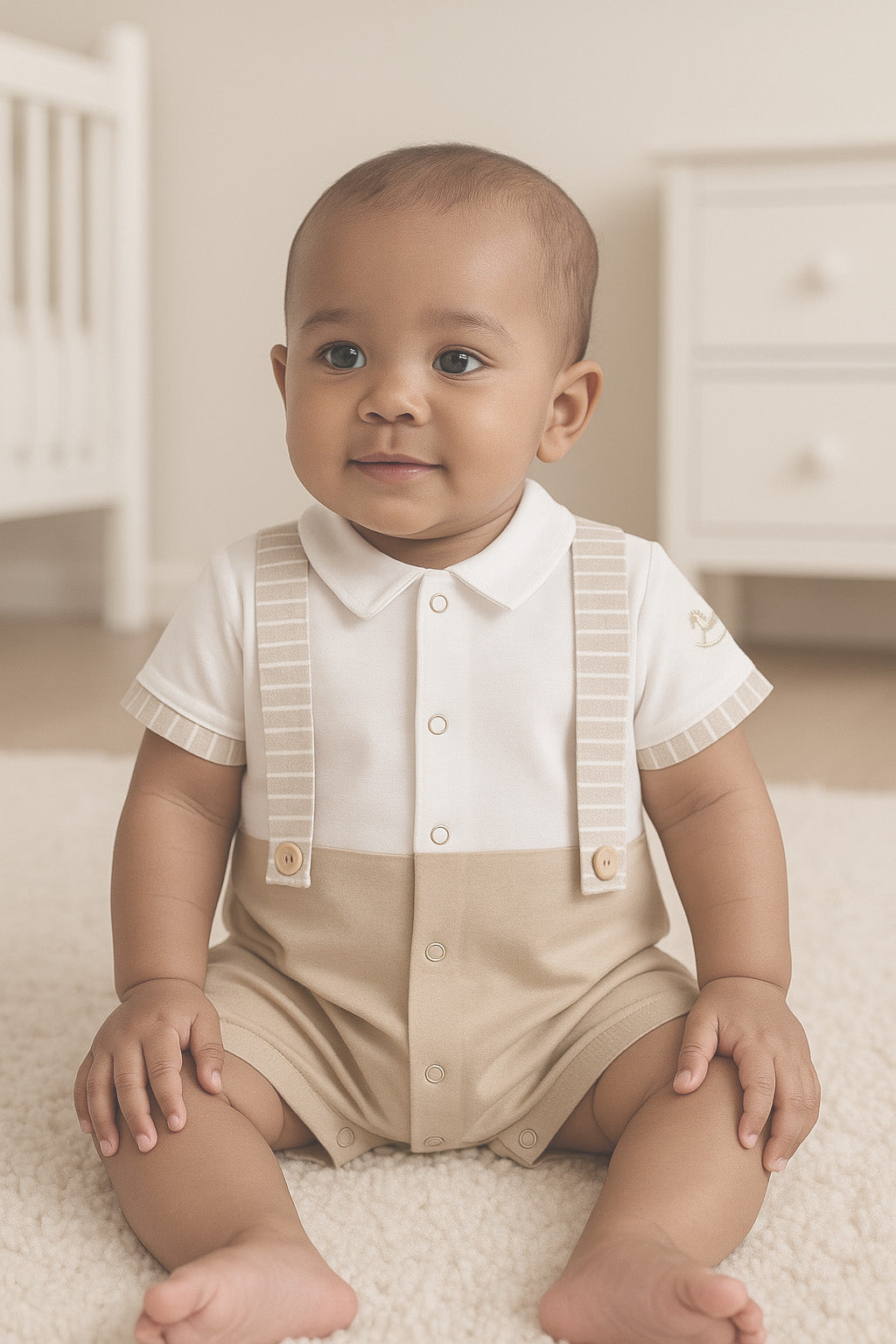 Baby draagt shorty babygrow Sofija beige gecombineerd met neutrale accessoires